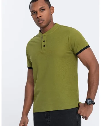Tricou de bumbac cu fenta cu nasturi, Verde masliniu