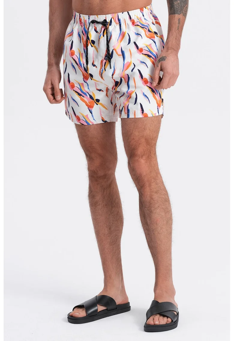 Pantaloni scurti de baie cu model si buzunare laterale, Alb/Portocaliu