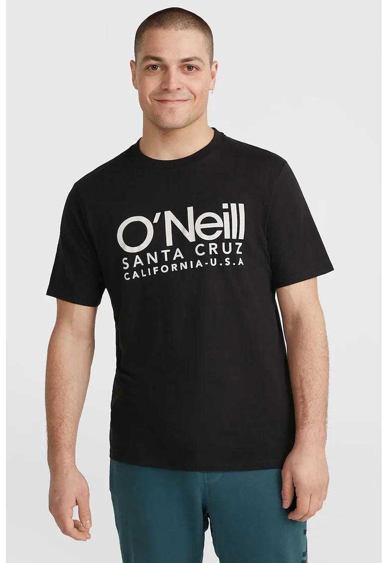Tricou de bumbac cu decolteu la baza gatului si imprimeu logo, Negru