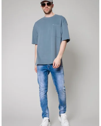 Blugi cu aspect decolorat si talie medie, Albastru deschis