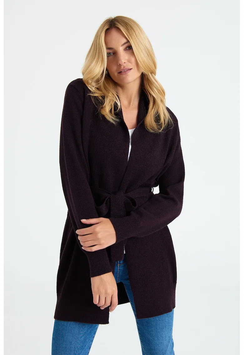 Cardigan cu aspect stralucitor si cordon in talie, Violet aubergine/Argintiu