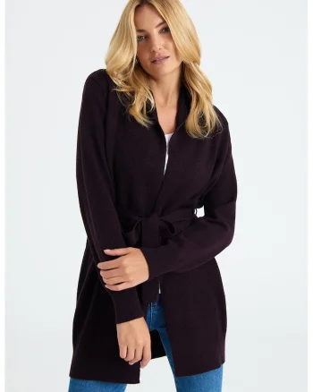 Cardigan cu aspect stralucitor si cordon in talie, Violet aubergine/Argintiu