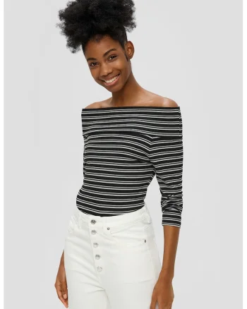 Bluza cu decolteu pe umari si model in dungi, Alb/Negru