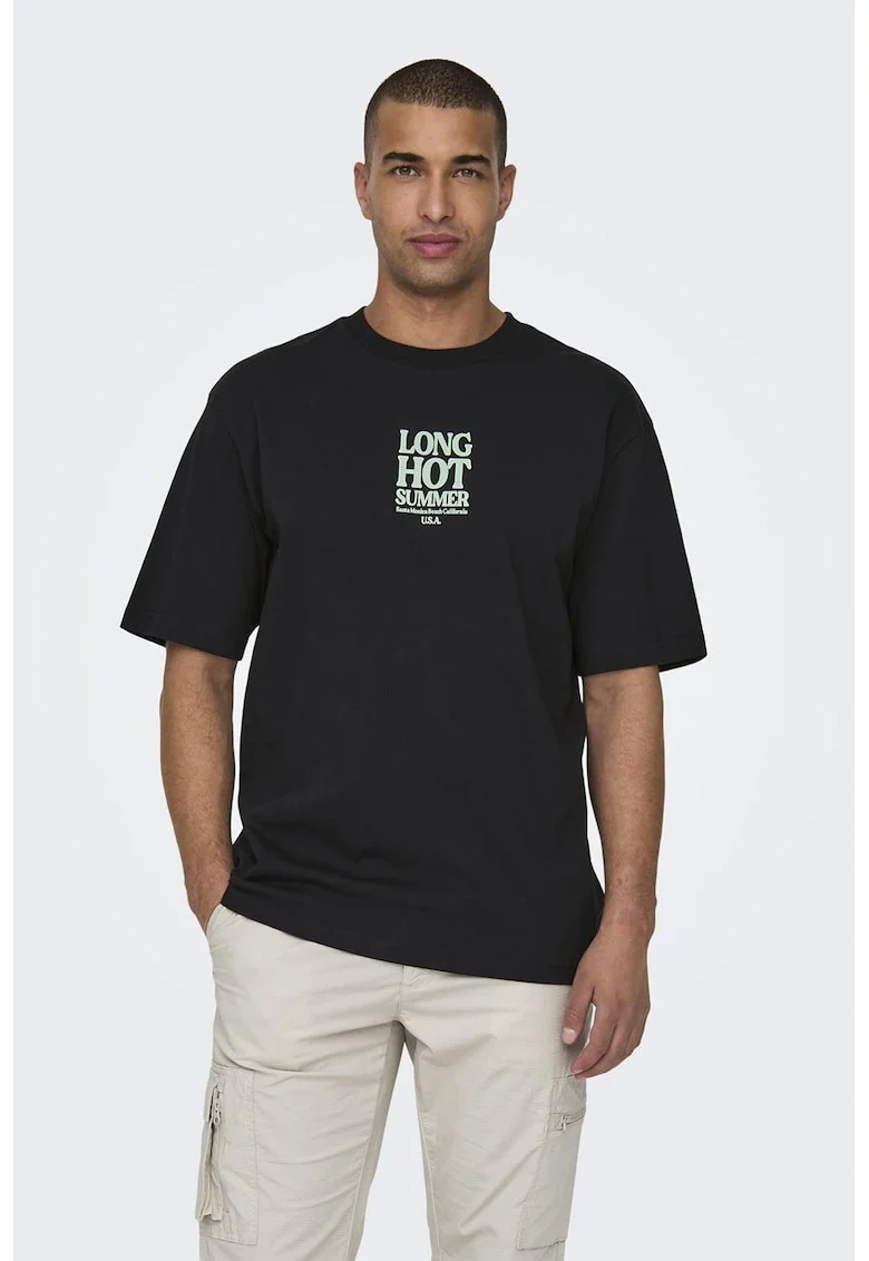 Tricou relaxed fit cu imprimeu text, Negru/Verde lime