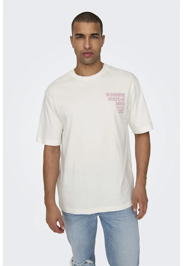 Tricou relaxed fit cu imprimeu text, Alb murdar/Roz prafuit