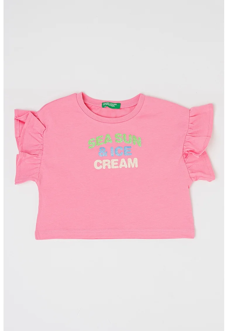 Tricou de bumbac cu maneci cu volane, Roz