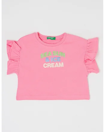 Tricou de bumbac cu maneci cu volane, Roz