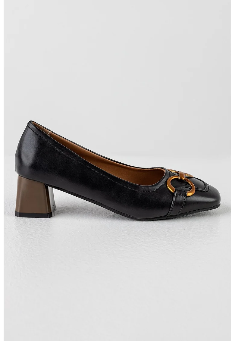 Pantofi de piele ecologica cu toc masiv, Negru