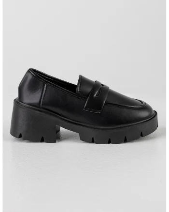 Pantofi loafer de piele ecologica cu toc masiv, Negru
