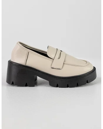 Pantofi loafer de piele ecologica cu toc masiv, Negru/Maro nisip