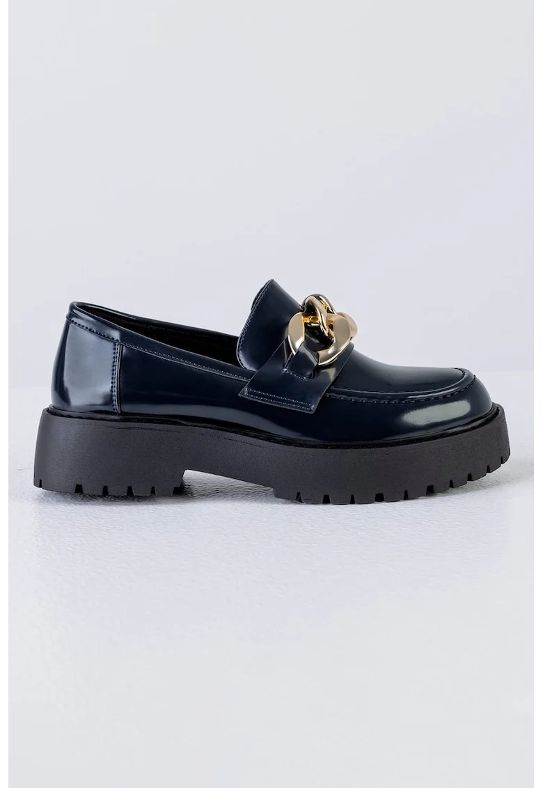 Pantofi loafer de piele ecologica lacuita cu detaliu de lant, Auriu/Bleumarin