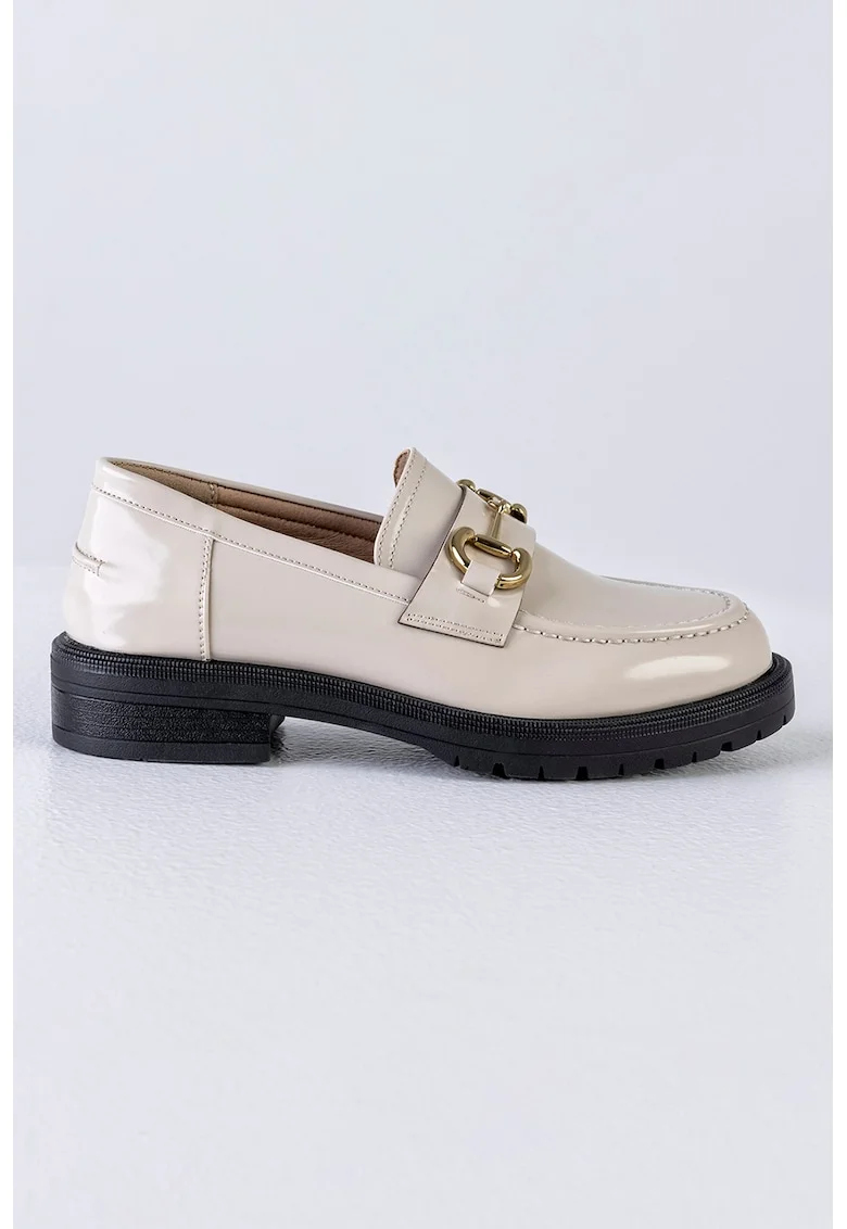 Pantofi loafer de piele ecologica lacuita, Negru/Maro nisip