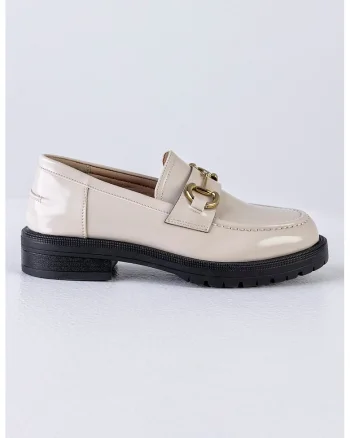 Pantofi loafer de piele ecologica lacuita, Negru/Maro nisip
