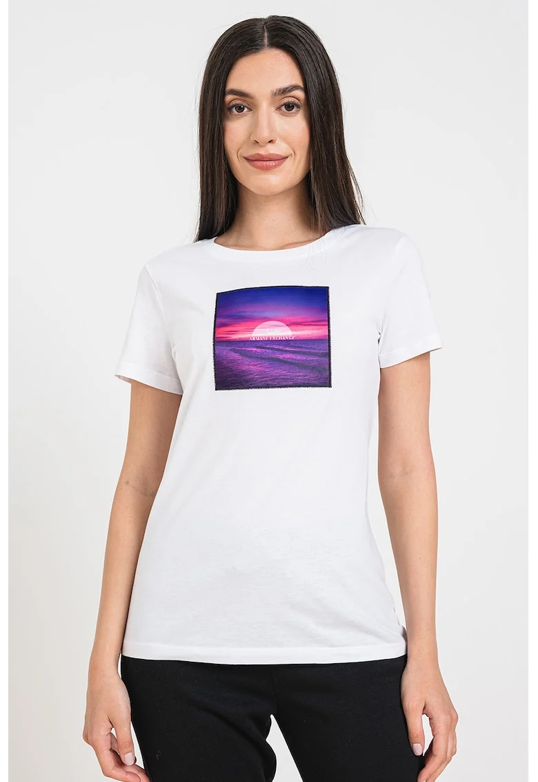 Tricou cu decolteu la baza gatului si imprimeu foto, Alb optic
