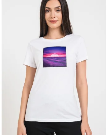 Tricou cu decolteu la baza gatului si imprimeu foto, Alb optic