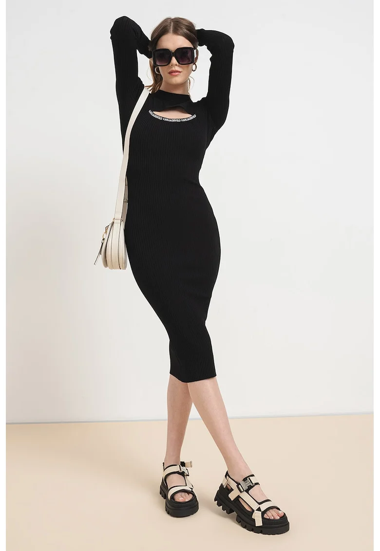 Rochie midi striata si cambrata, Negru