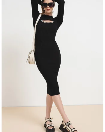 Rochie midi striata si cambrata, Negru