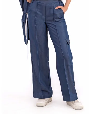 Pantaloni cargo cu talie inalta, Albastru inchis