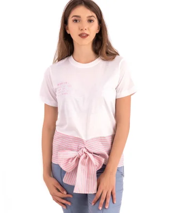 Tricou din bumbac cu funda frontala, Alb/Roz