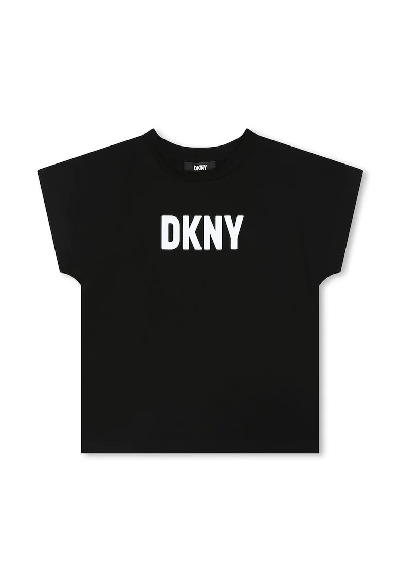 Tricou cu imprimeu logo si decolteu la baza gatului, Negru