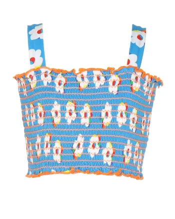 Top crop cu imprimeu floral, Alb/Albastru