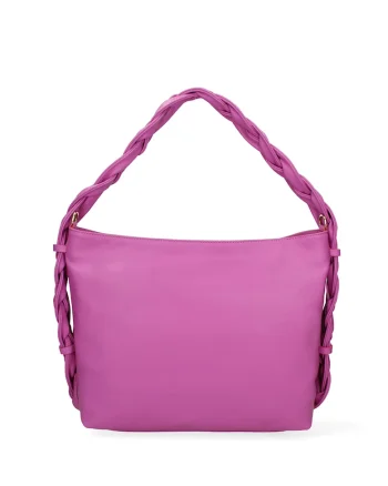 Geanta de piele cu bareta de umar si maner impletit, Fucsia