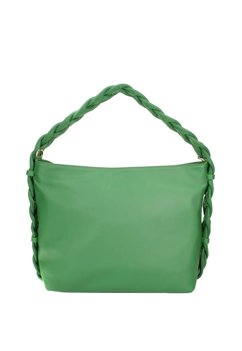 Geanta de piele cu bareta de umar si maner impletit, Verde