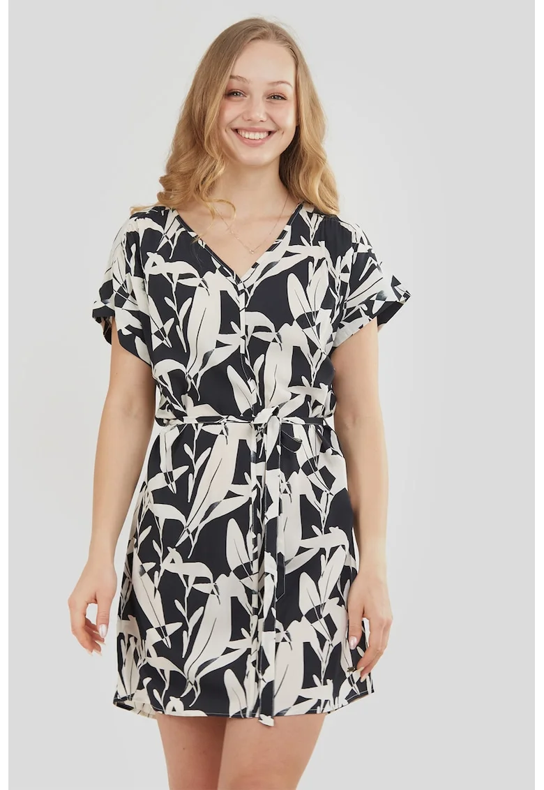 Rochie lejera cu decolteu in V si model Palmetta, Alb/Negru stins