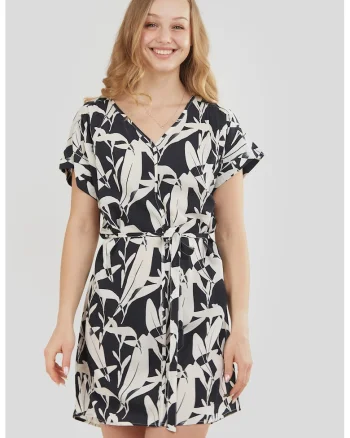 Rochie lejera cu decolteu in V si model Palmetta, Alb/Negru stins