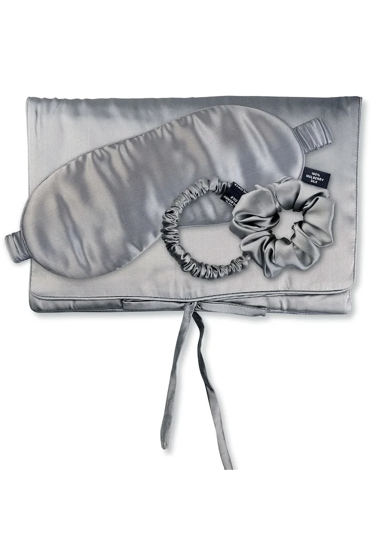 , Set de masca de noapte, saculet de transport si elastic de par, pentru calatorie 29509, Gri