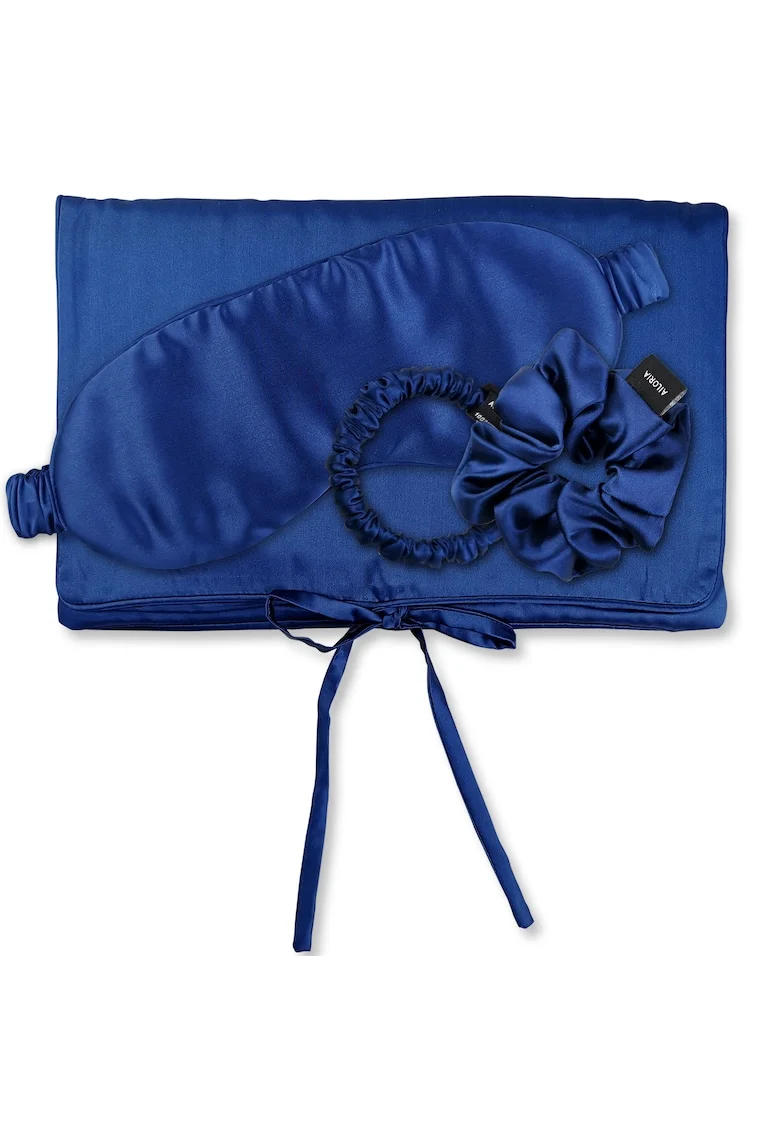 , Set de masca de noapte, saculet de transport si elastic de par, pentru calatorie 29509, Albastru