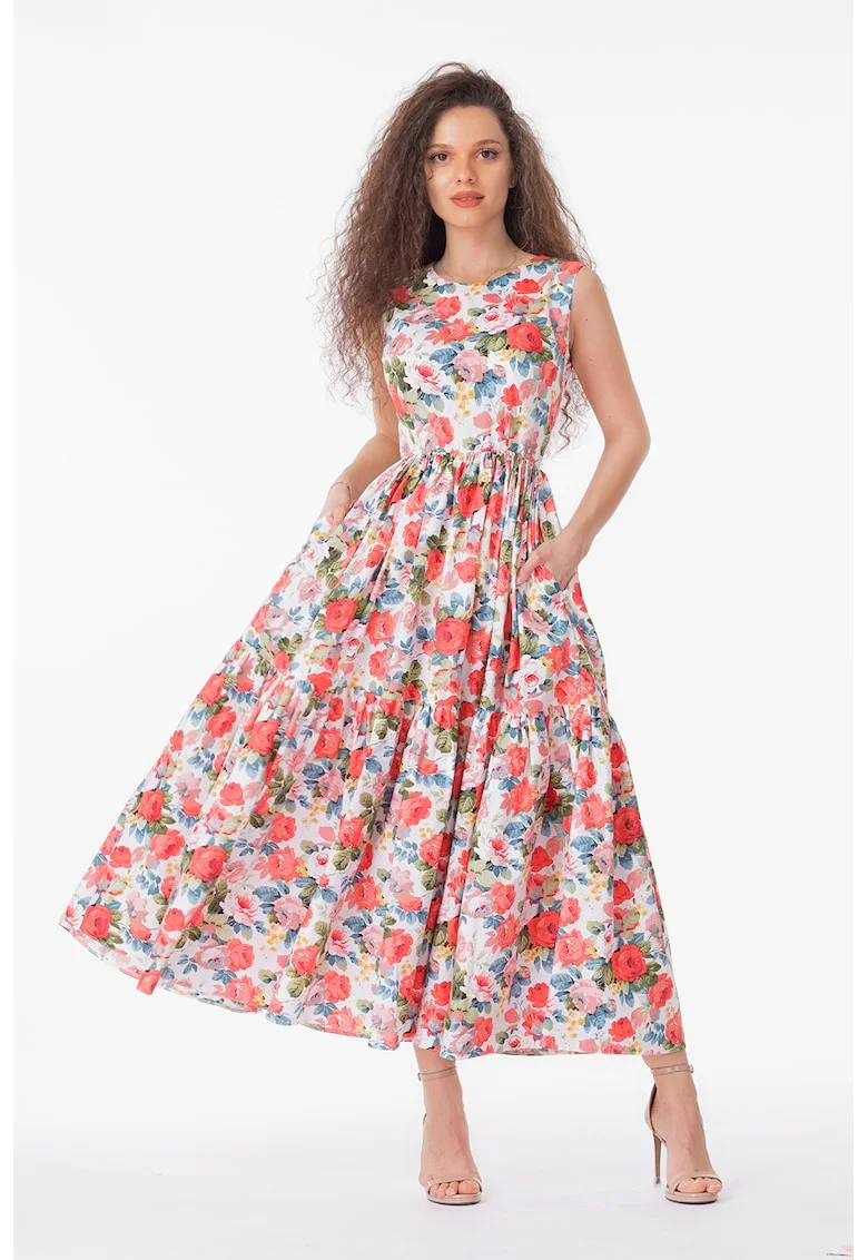 Rochie evazata fara maneci cu buzunare laterale, Alb/Coral/Albastru prafuit