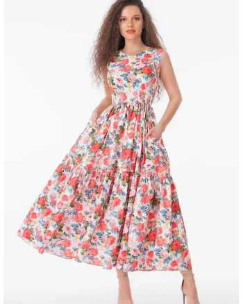 Rochie evazata fara maneci cu buzunare laterale, Alb/Coral/Albastru prafuit
