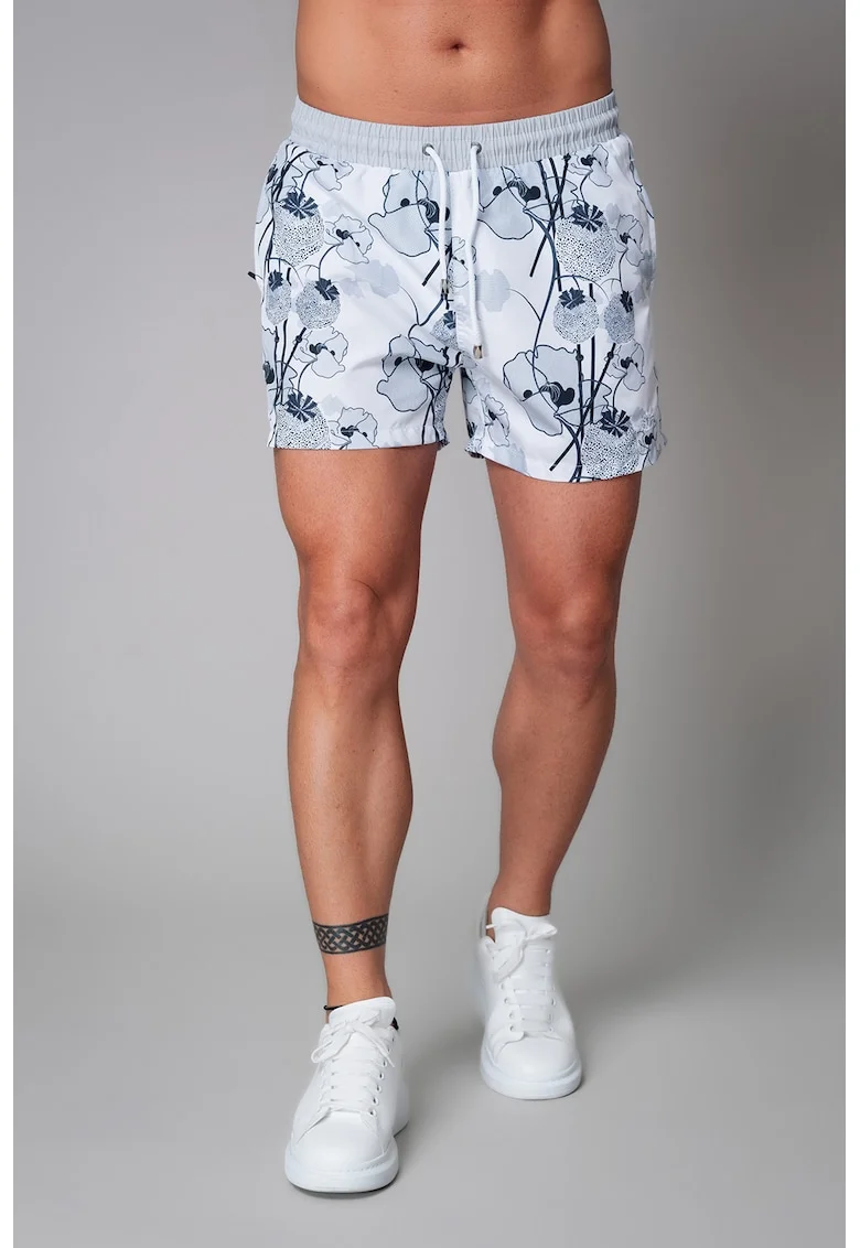 Pantaloni scurti de baie cu model floral si buzunare laterale cu fermoar, Albastru inchis/Alb optic