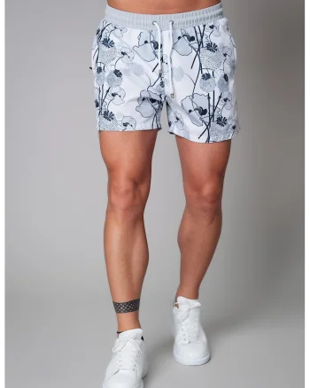 Pantaloni scurti de baie cu model floral si buzunare laterale cu fermoar, Albastru inchis/Alb optic