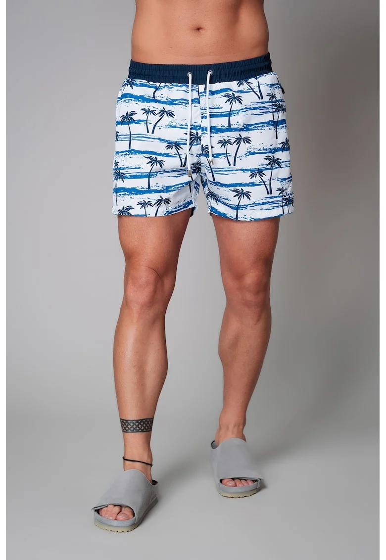 Pantaloni scurti de baie cu snur de ajustare si imprimeu tropical, Negru/Alb optic/Albastru