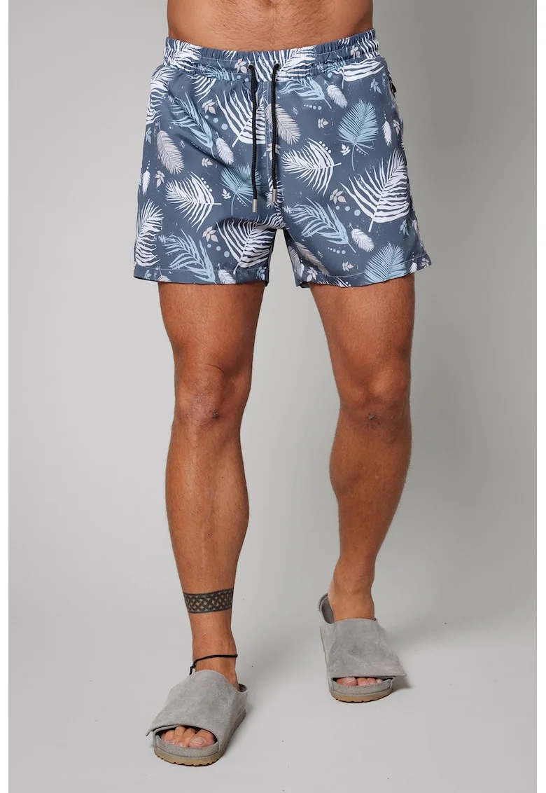 Pantaloni scurti de baie cu model si buzunare laterale, Alb/Albastru prafuit
