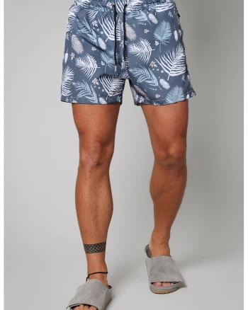 Pantaloni scurti de baie cu model si buzunare laterale, Alb/Albastru prafuit