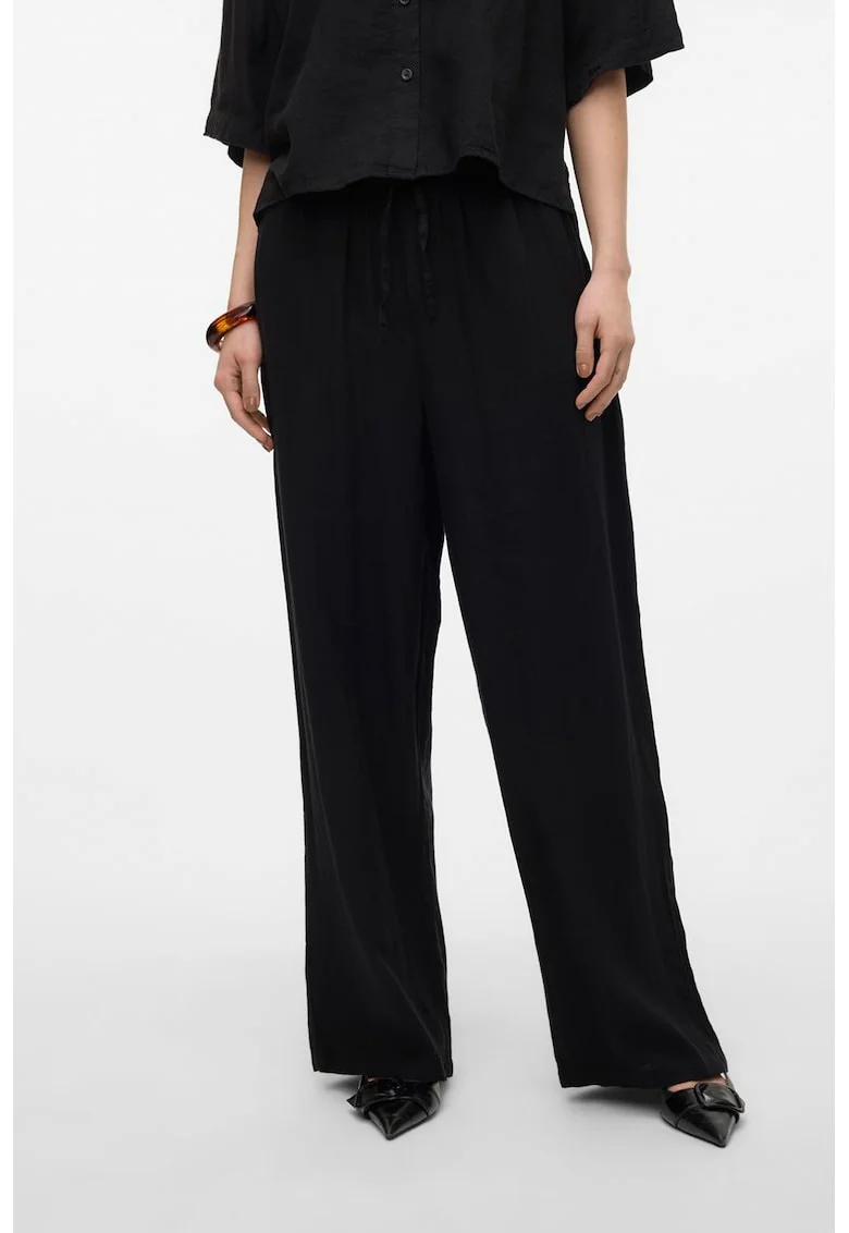 Pantaloni vaporosi din amestec de in cu snur, Negru