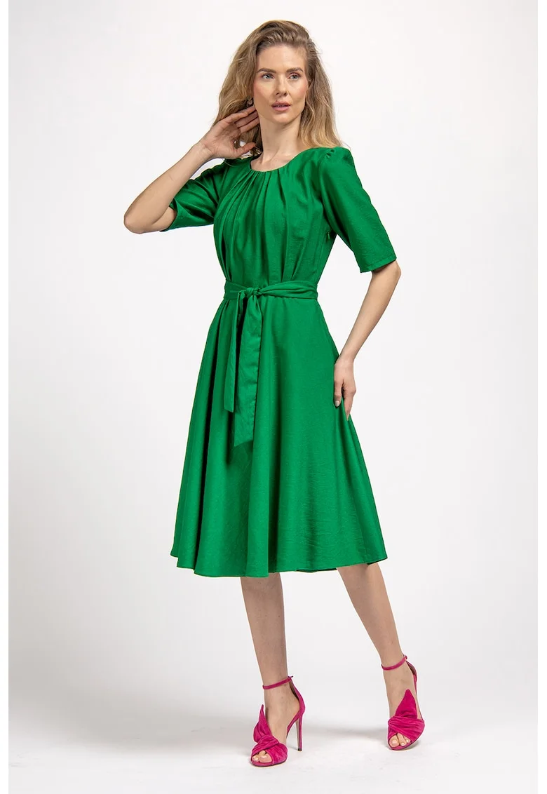 Rochie midi evazata cu cordon in talie, Verde
