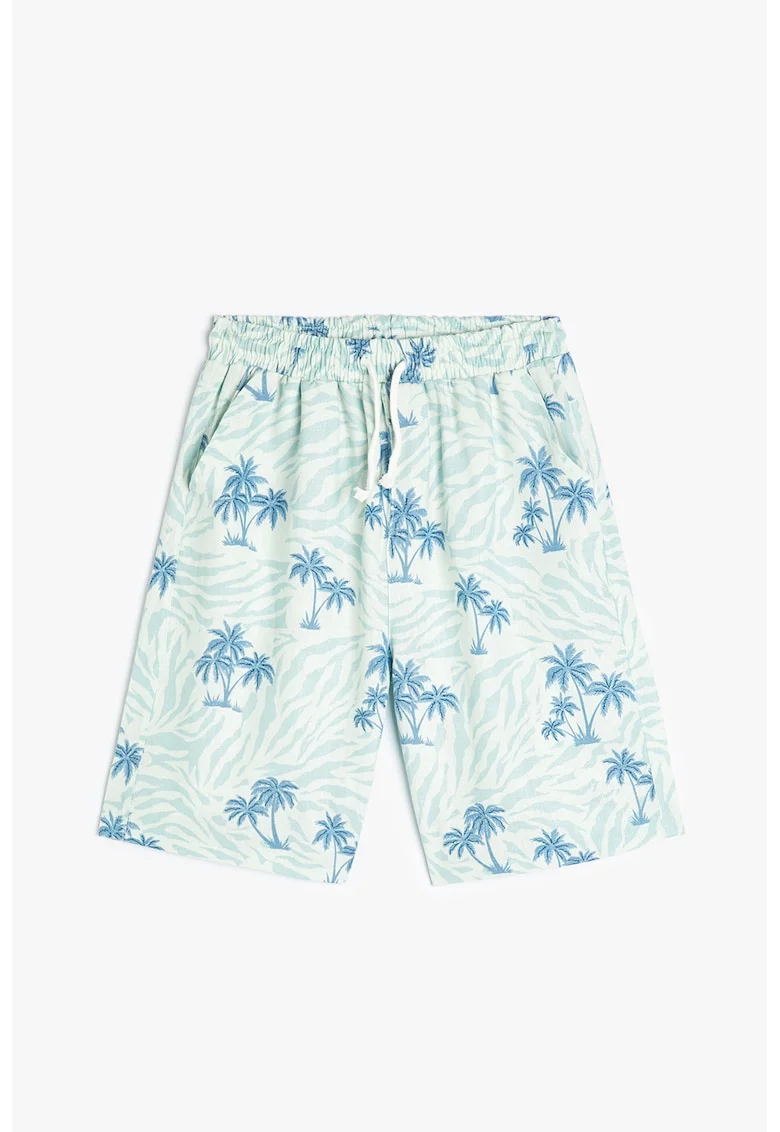 Pantaloni scurti din amestec de in cu imprimeu tropical, Alb/Albastru deschis