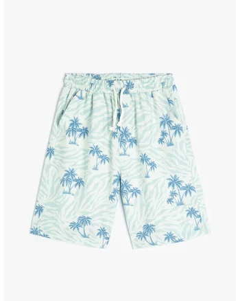 Pantaloni scurti din amestec de in cu imprimeu tropical, Alb/Albastru deschis