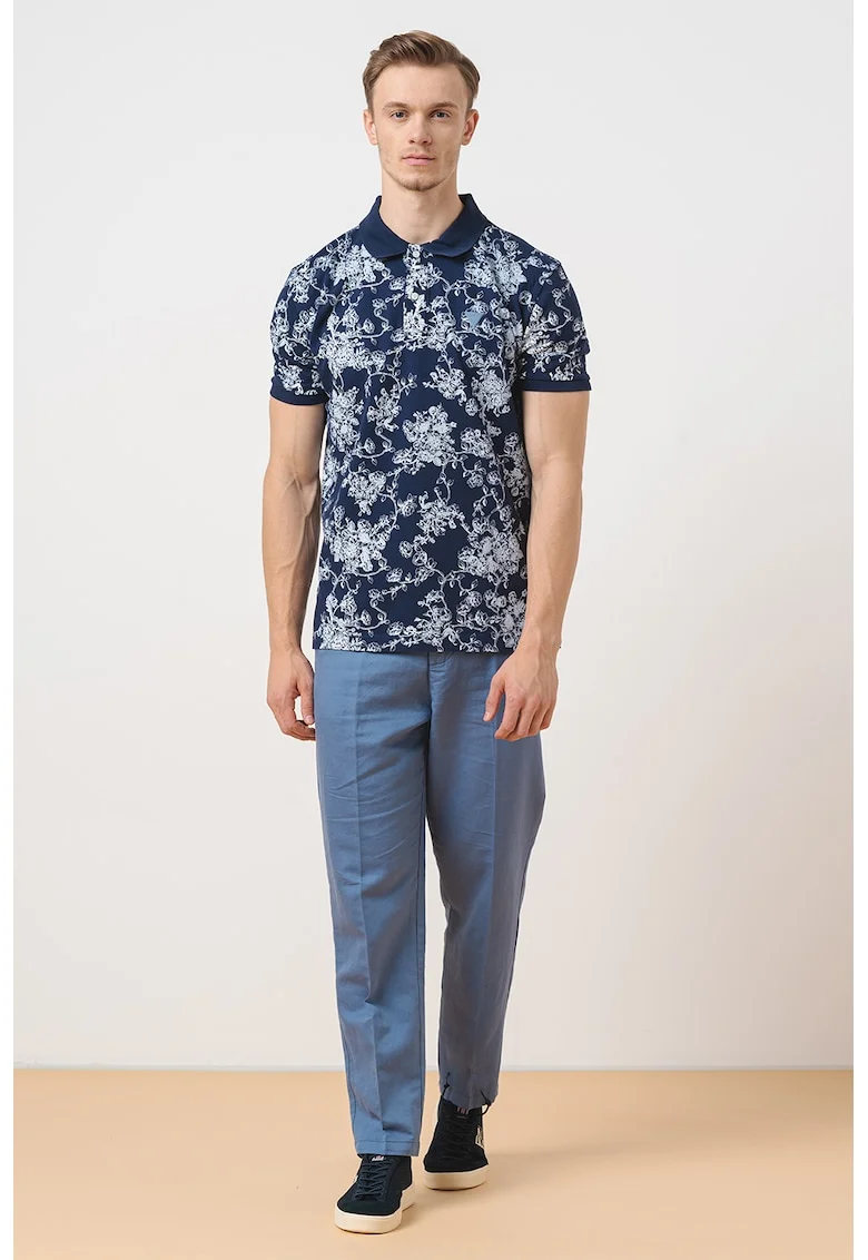Tricou polo din amestec de bumbac cu model, Alb optic/Bleumarin
