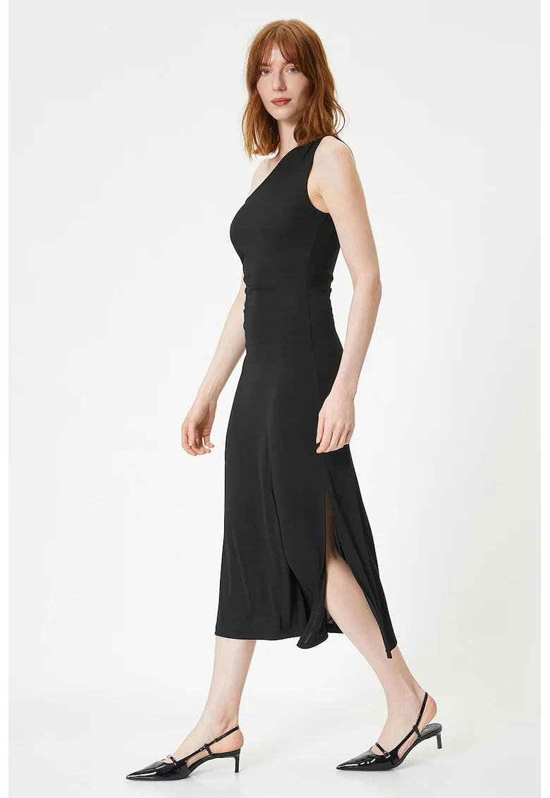 Rochie midi cu decolteu asimetric, Negru