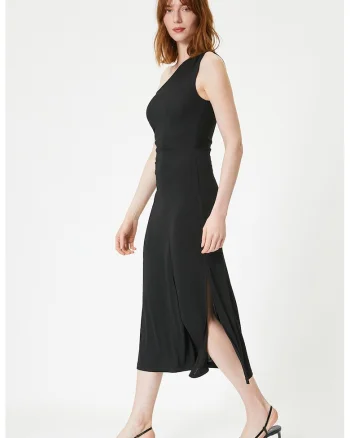 Rochie midi cu decolteu asimetric, Negru