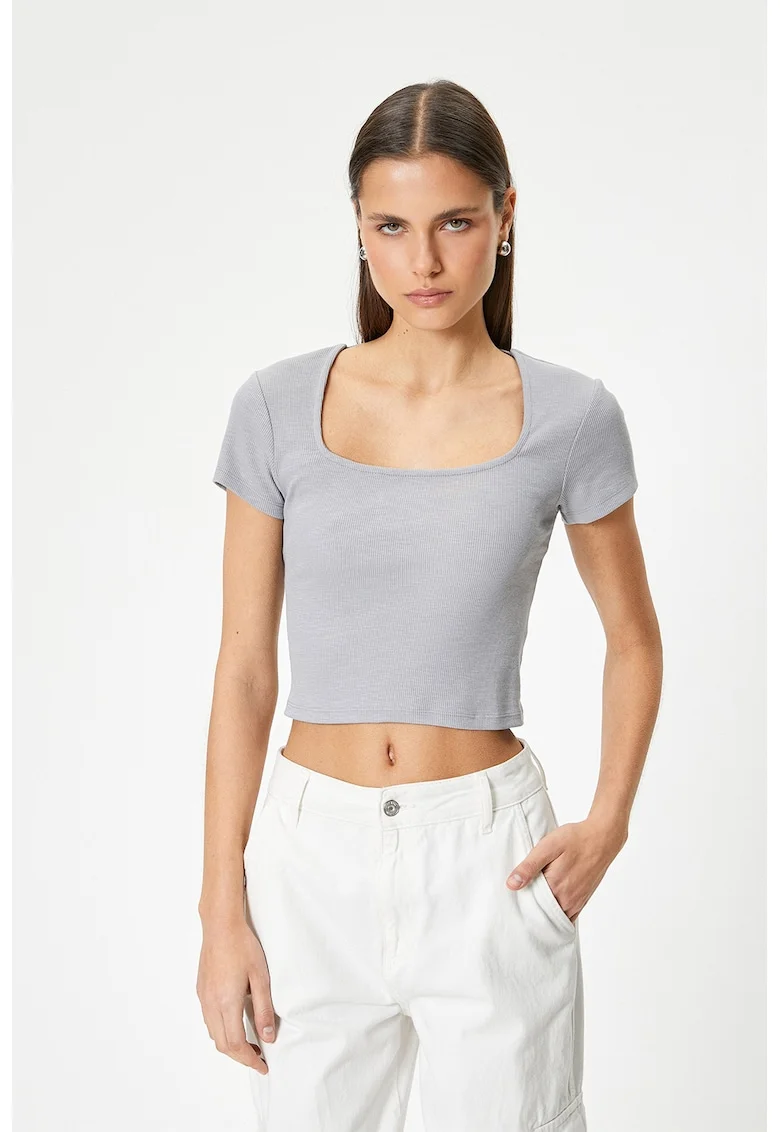 Tricou crop cu decupaj pe partea din spate, Gri deschis