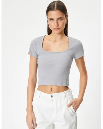 Tricou crop cu decupaj pe partea din spate, Gri deschis
