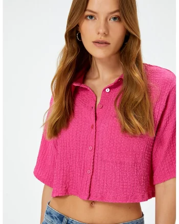 Camasa crop cu buzunar aplicat pe piept, Fucsia
