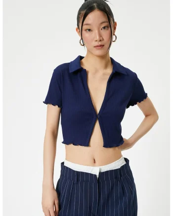 Tricou crop slim fit cu aspect striat, Bleumarin