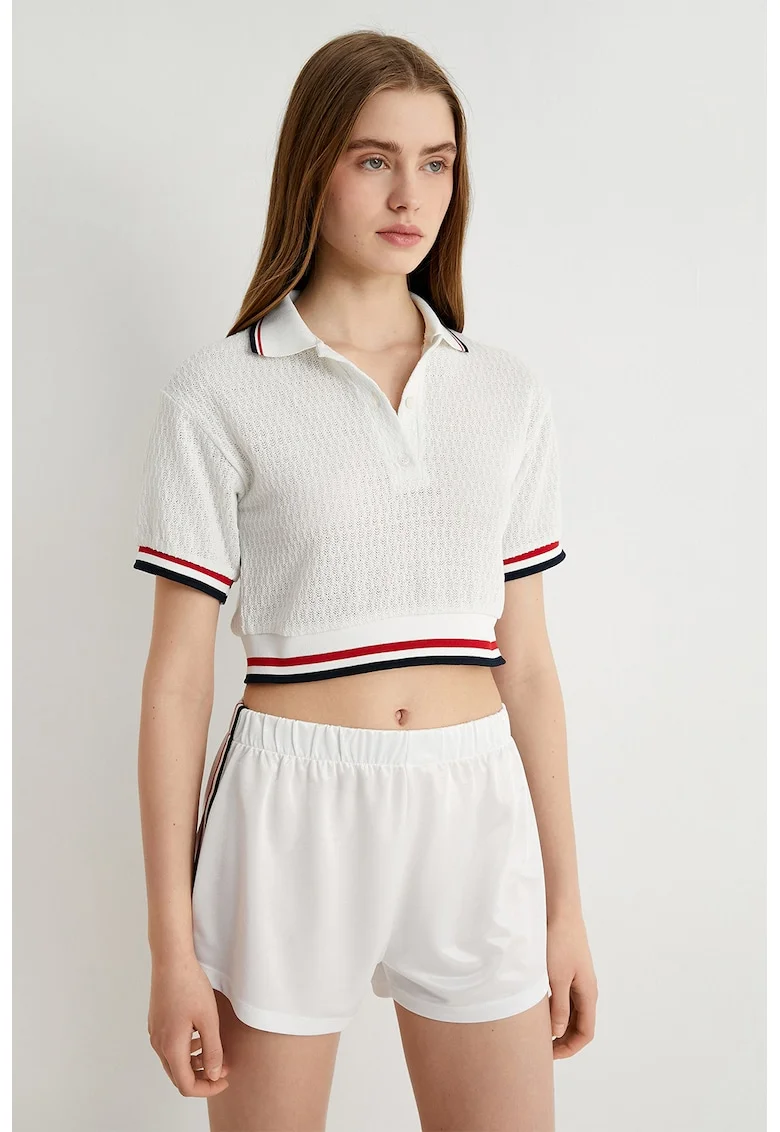 Tricou polo crop, Rosu/Alb/Bleumarin